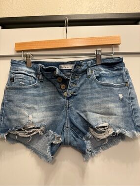 KanCan Low Rise Distressed Button Fly Denim Shorts - Light Blue